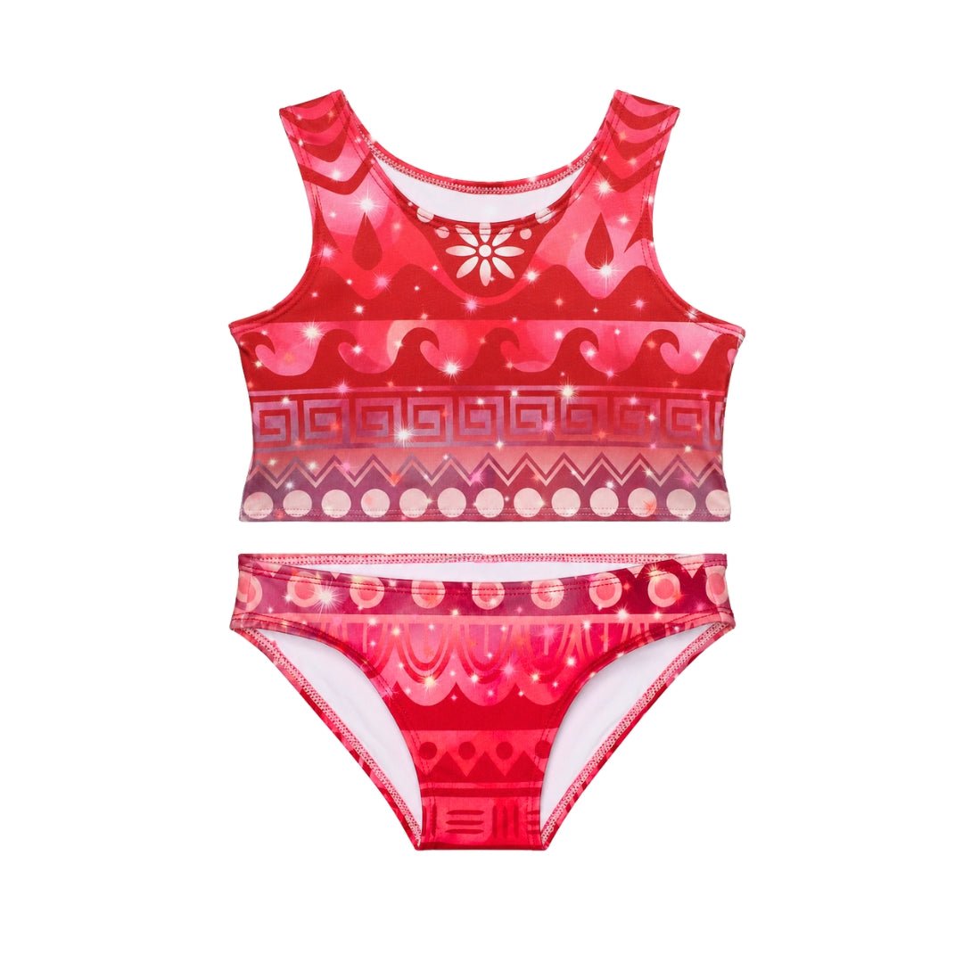 Bikiniset Prinses Vaiana in levendige roze tinten met Polynesische patronen, perfect voor zeemeerminnenavonturen.