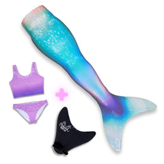 Lichtgewicht zeemeerminset in blauw-paarse tinten, inclusief zeemeerminstaart, bikini en vin, geïnspireerd op Prinses Ariël.