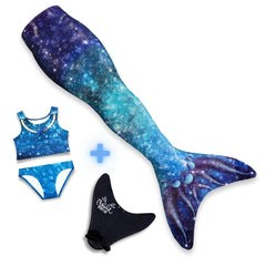 Lichtgewicht zeemeerminset Star of the Sea Blue met sterrenmotief, inclusief top en bikini, perfect voor comfortabel zwemmen.